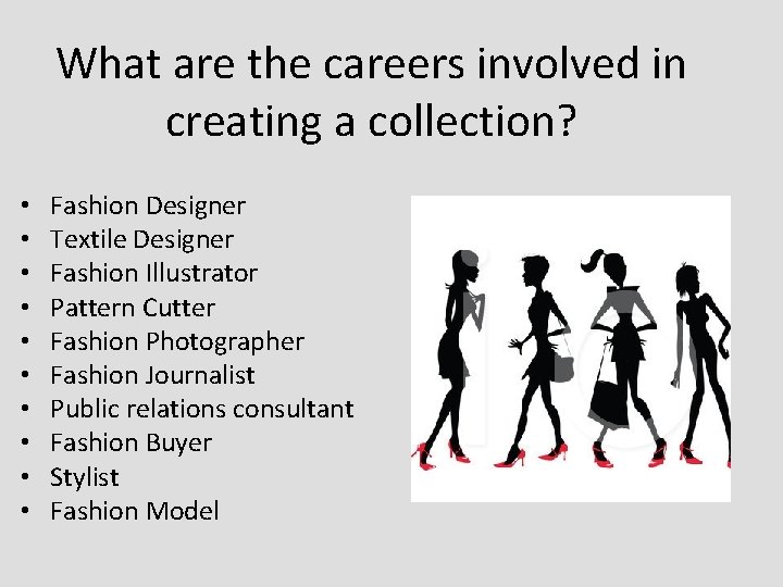 What are the careers involved in creating a collection? • • • Fashion Designer What are the careers involved in creating a collection? • • • Fashion Designer