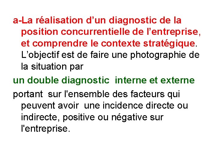 a-La réalisation d’un diagnostic de la position concurrentielle de l’entreprise, et comprendre le contexte