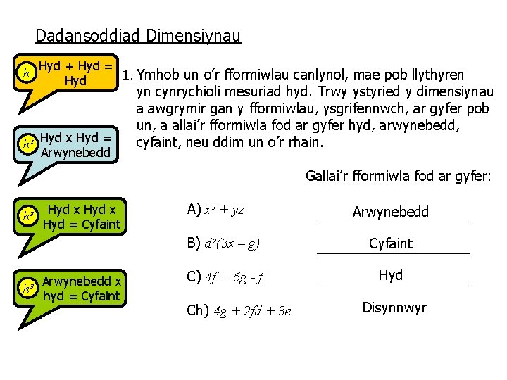 Dadansoddiad Dimensiynau h h² Hyd + Hyd = 1. Ymhob un o’r fformiwlau canlynol,