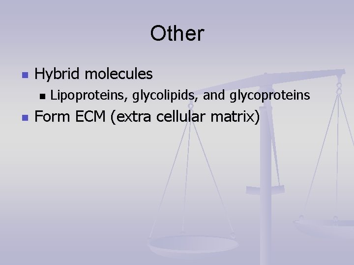 Other n Hybrid molecules n n Lipoproteins, glycolipids, and glycoproteins Form ECM (extra cellular