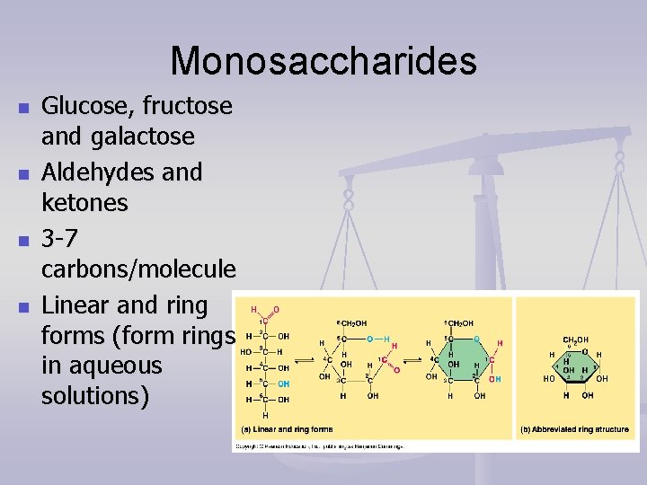 Monosaccharides n n Glucose, fructose and galactose Aldehydes and ketones 3 -7 carbons/molecule Linear