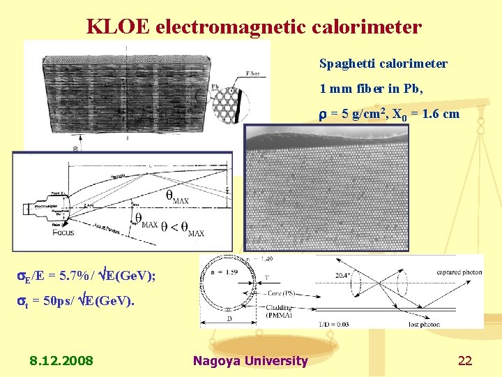 KLOE electromagnetic calorimeter Spaghetti calorimeter 1 mm fiber in Pb, = 5 g/cm 2,