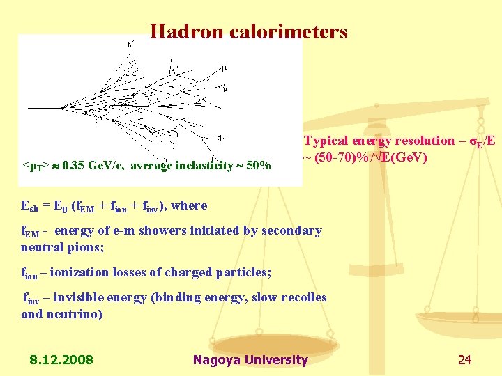 Hadron calorimeters <p. T> 0. 35 Ge. V/c, average inelasticity 50% Typical energy resolution