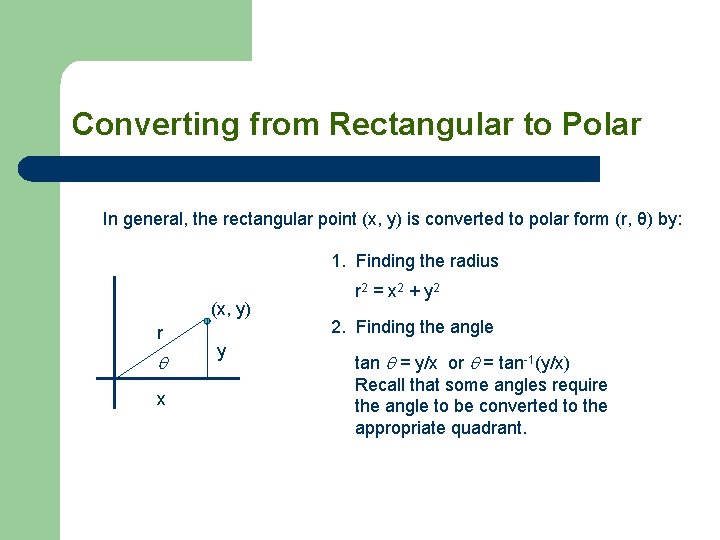 Converting from Rectangular to Polar In general, the rectangular point (x, y) is converted