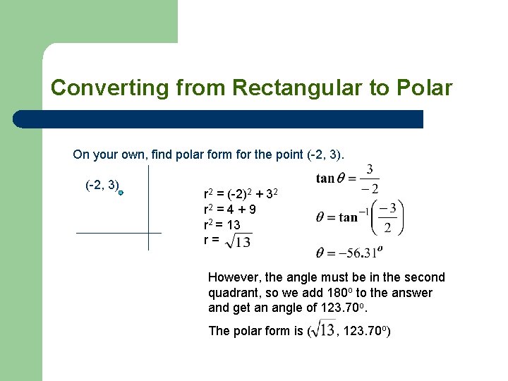 Converting from Rectangular to Polar On your own, find polar form for the point