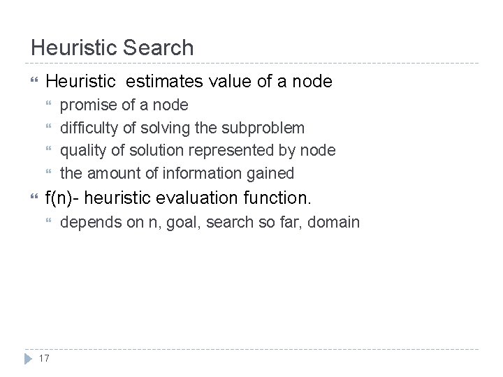 Heuristic Search Heuristic estimates value of a node promise of a node difficulty of