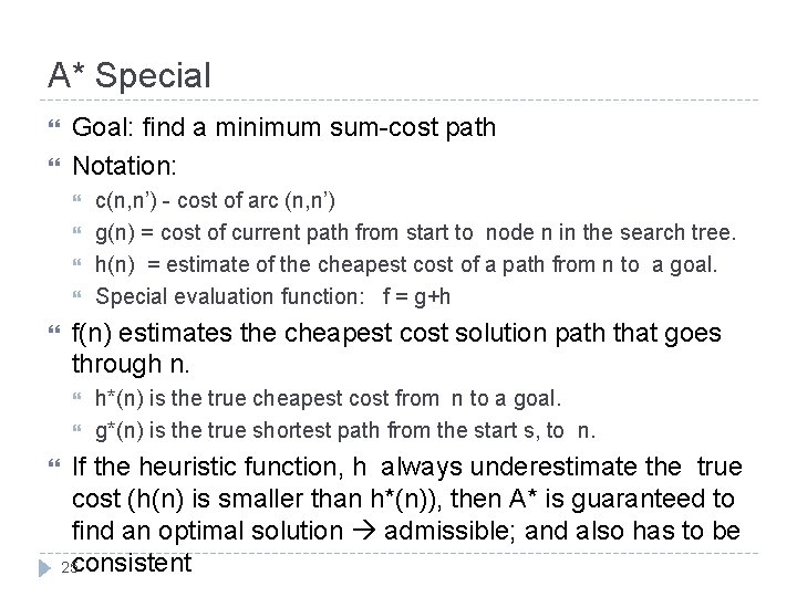 A* Special Goal: find a minimum sum-cost path Notation: f(n) estimates the cheapest cost