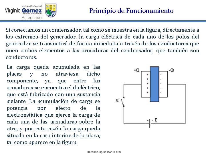 Principio de Funcionamiento Si conectamos un condensador, tal como se muestra en la figura,
