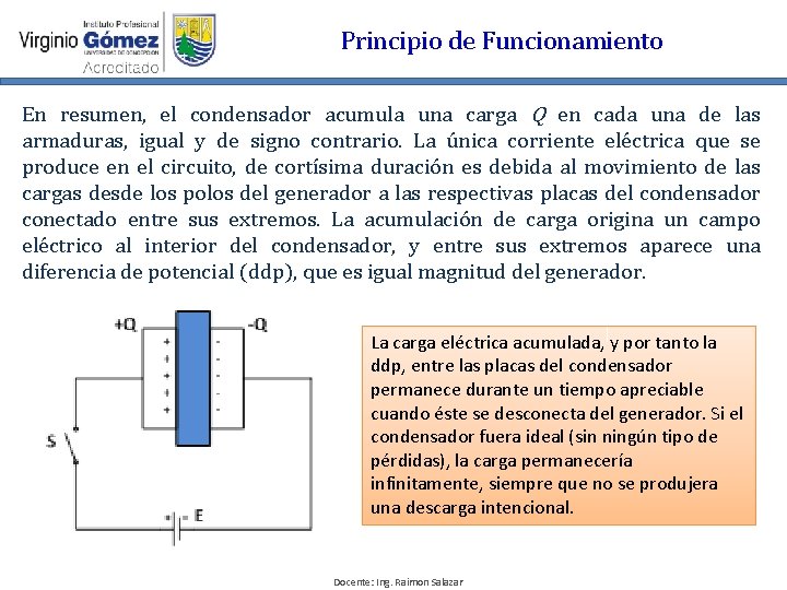 Principio de Funcionamiento En resumen, el condensador acumula una carga Q en cada una