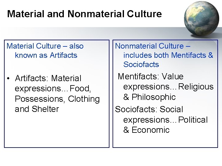 Material and Nonmaterial Culture Material Culture – also known as Artifacts Nonmaterial Culture –