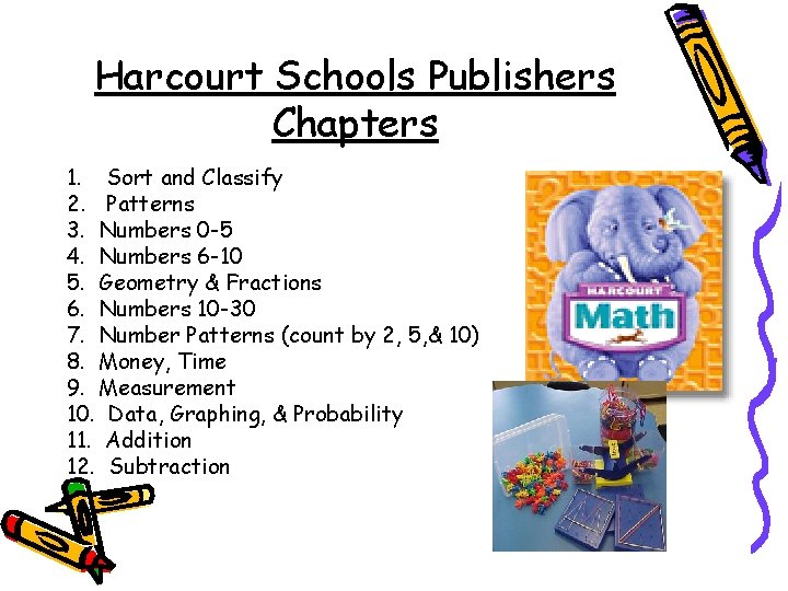 Harcourt Schools Publishers Chapters 1. Sort and Classify 2. Patterns 3. Numbers 0 -5