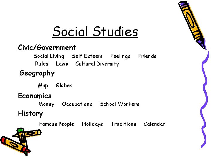 Social Studies Civic/Government Social Living Self Esteem Feelings Rules Laws Cultural Diversity Friends Geography