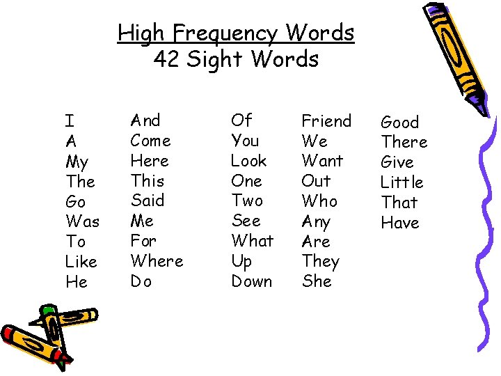 High Frequency Words 42 Sight Words I A My The Go Was To Like