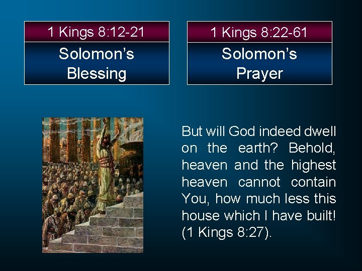 1 Kings 8: 12 -21 1 Kings 8: 22 -61 Solomon’s Blessing Solomon’s Prayer