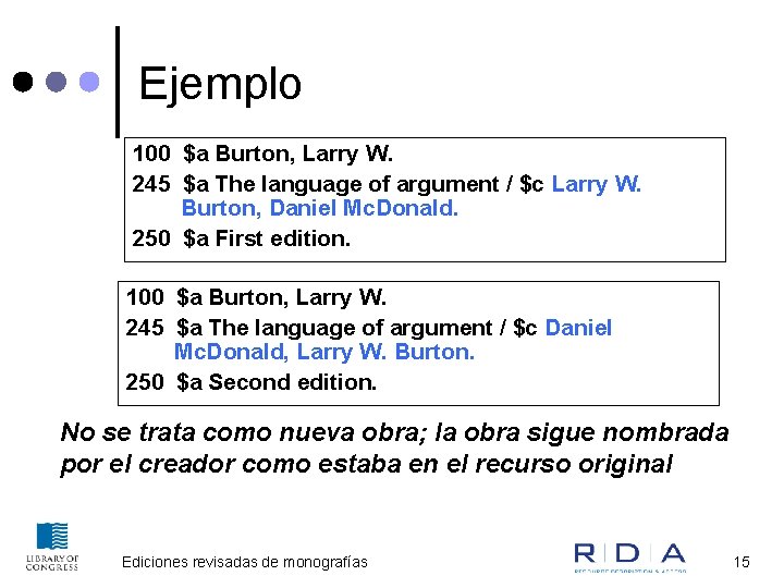 Ejemplo 100 $a Burton, Larry W. 245 $a The language of argument / $c