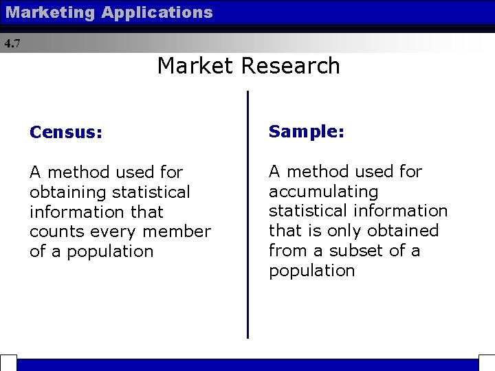 Marketing Applications 4. 7 Market Research Census: Sample: A method used for obtaining statistical