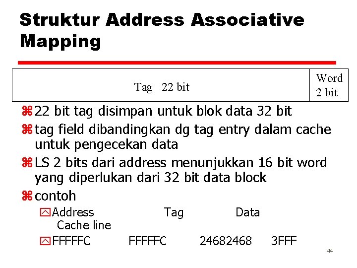 Struktur Address Associative Mapping Word 2 bit Tag 22 bit z 22 bit tag
