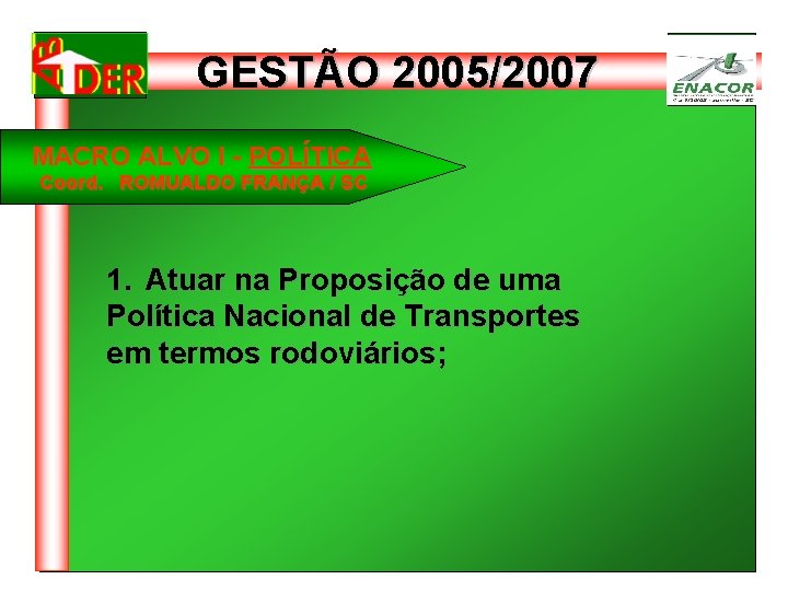 GESTÃO 2005/2007 MACRO ALVO I - POLÍTICA Coord. ROMUALDO FRANÇA / SC 1. Atuar