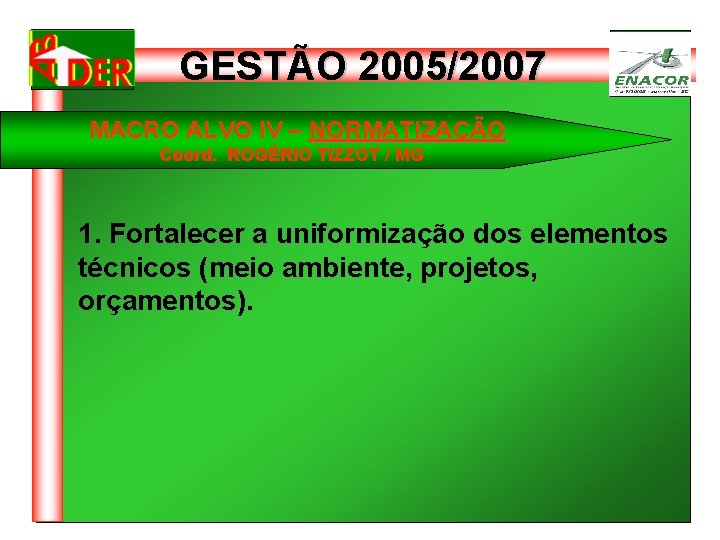 GESTÃO 2005/2007 MACRO ALVO IV – NORMATIZAÇÃO Coord. ROGÉRIO TIZZOT / MG 1. Fortalecer