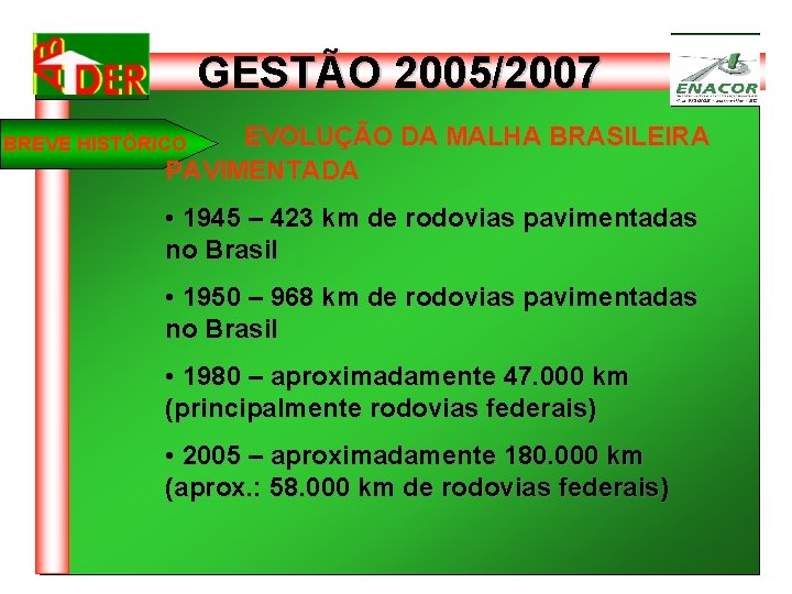 GESTÃO 2005/2007 EVOLUÇÃO DA MALHA BRASILEIRA PAVIMENTADA BREVE HISTÓRICO • 1945 – 423 km