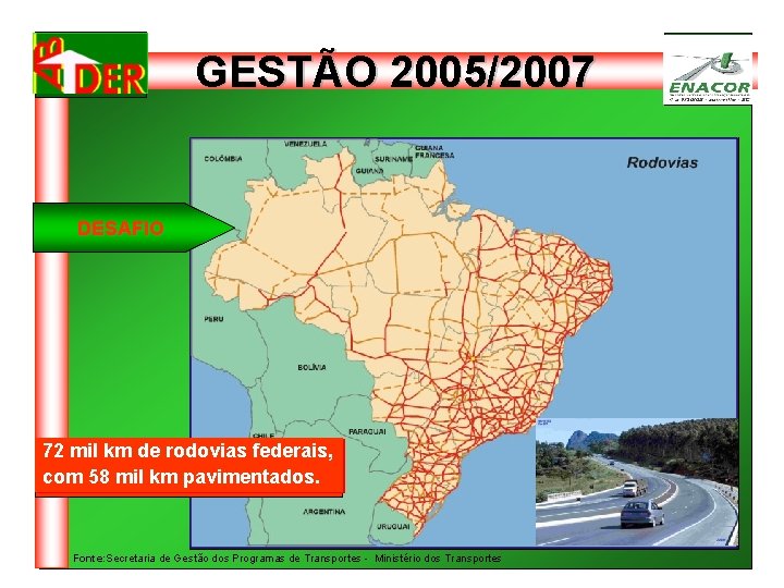 GESTÃO 2005/2007 DESAFIO 72 mil km de rodovias federais, com 58 mil km pavimentados.