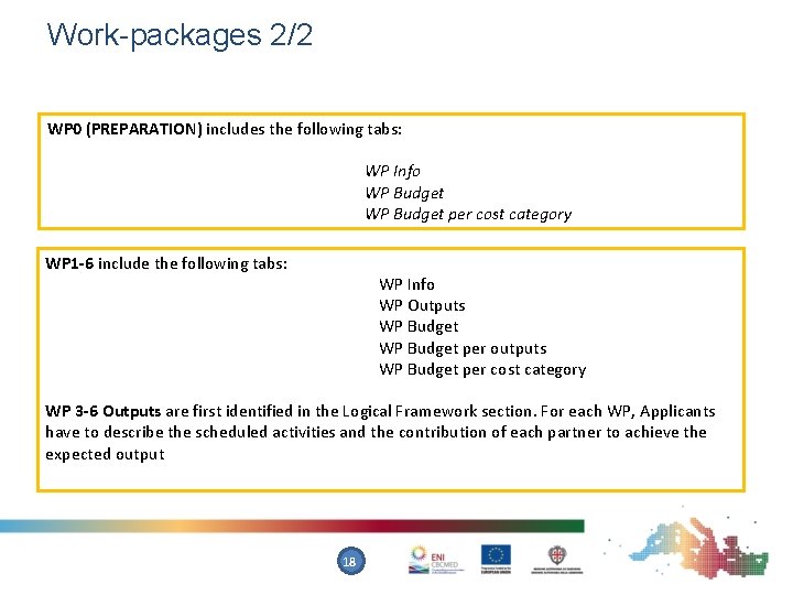 Work-packages 2/2 WP 0 (PREPARATION) includes the following tabs: WP Info WP Budget per