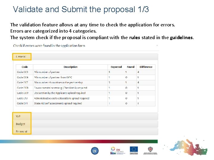 Validate and Submit the proposal 1/3 The validation feature allows at any time to