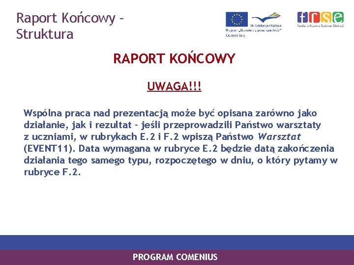 Raport Końcowy – Struktura RAPORT KOŃCOWY UWAGA!!! Wspólna praca nad prezentacją może być opisana