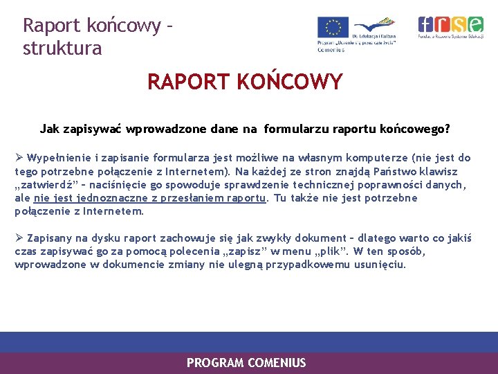 Raport końcowy – struktura RAPORT KOŃCOWY Jak zapisywać wprowadzone dane na formularzu raportu końcowego?