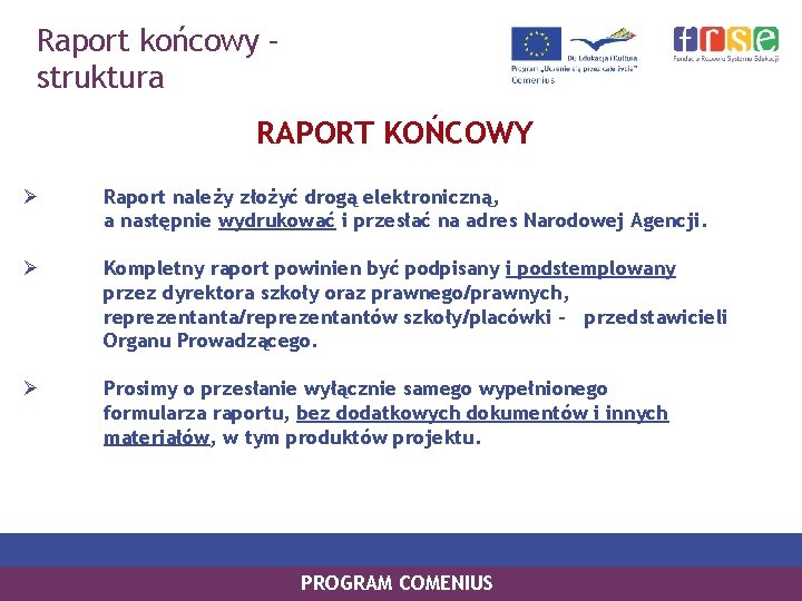 Raport końcowy – struktura RAPORT KOŃCOWY Ø Raport należy złożyć drogą elektroniczną, a następnie