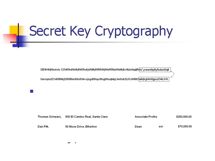 Secret Key Cryptography n Switch portion of cipher text n Resulting plaintext 