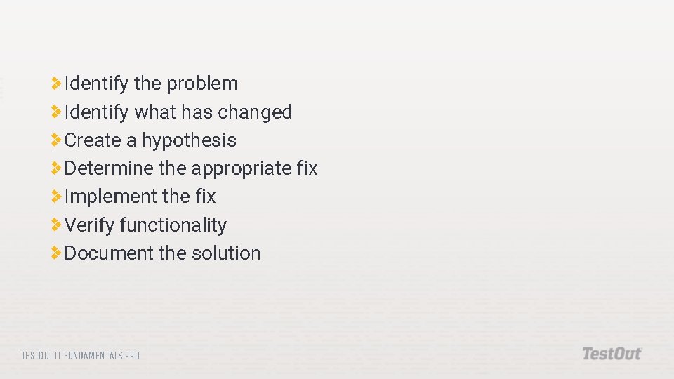 Identify the problem Identify what has changed Create a hypothesis Determine the appropriate fix