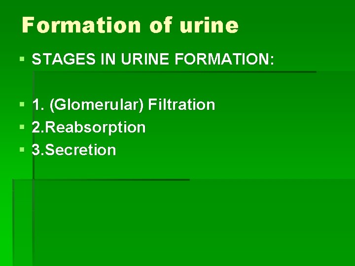Formation of urine § STAGES IN URINE FORMATION: § § § 1. (Glomerular) Filtration