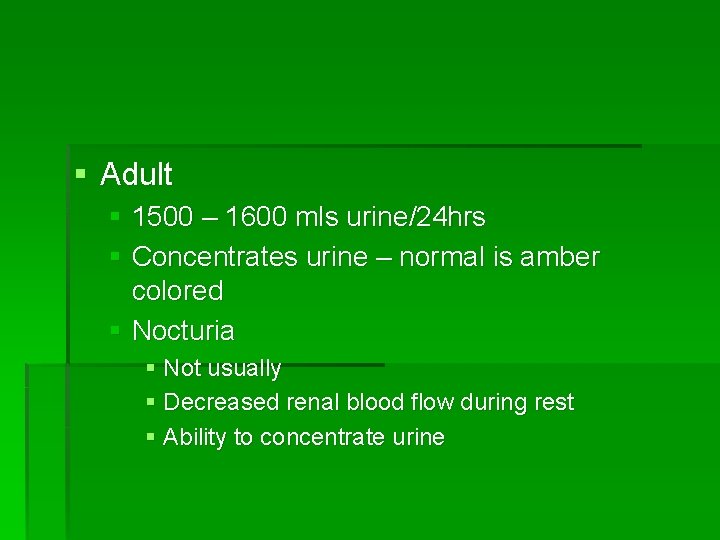 § Adult § 1500 – 1600 mls urine/24 hrs § Concentrates urine – normal