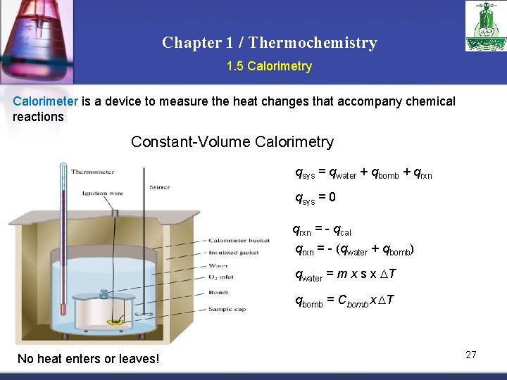 Chapter 1 / Thermochemistry 1. 5 Calorimetry Calorimeter is a device to measure the