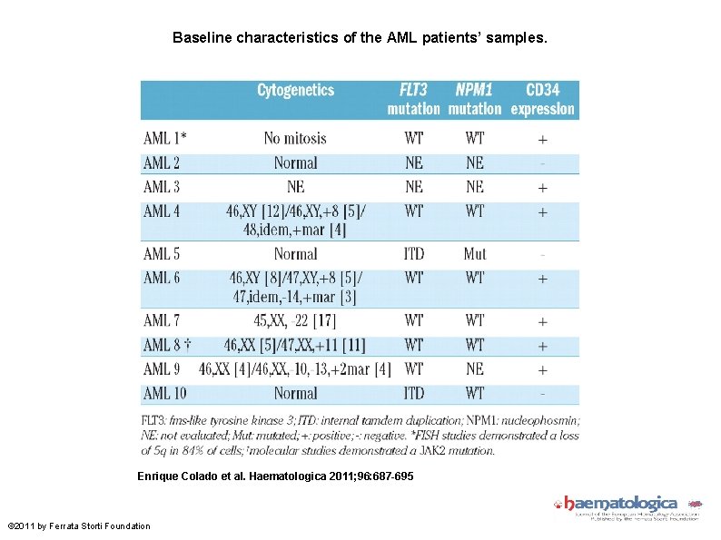 Baseline characteristics of the AML patients’ samples. Enrique Colado et al. Haematologica 2011; 96: