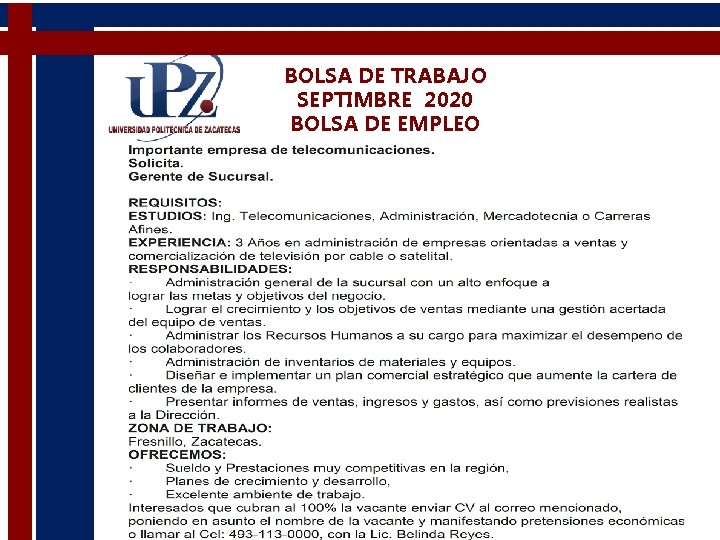 BOLSA DE TRABAJO SEPTIMBRE 2020 BOLSA DE EMPLEO 