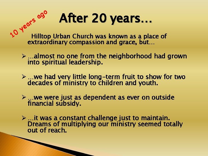 10 s r a ye o g a After 20 years… Hilltop Urban Church