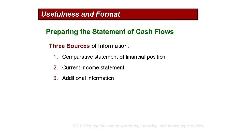 Usefulness and Format Preparing the Statement of Cash Flows Three Sources of Information: 1.