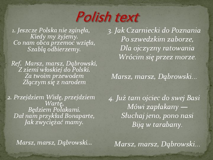 Polish text 1. Jeszcze Polska nie zginęła, Kiedy my żyjemy. Co nam obca przemoc