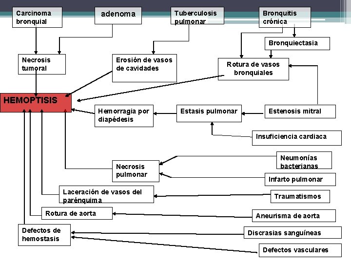Carcinoma bronquial adenoma Tuberculosis pulmonar Bronquitis crónica Bronquiectasia Necrosis tumoral Erosión de vasos de