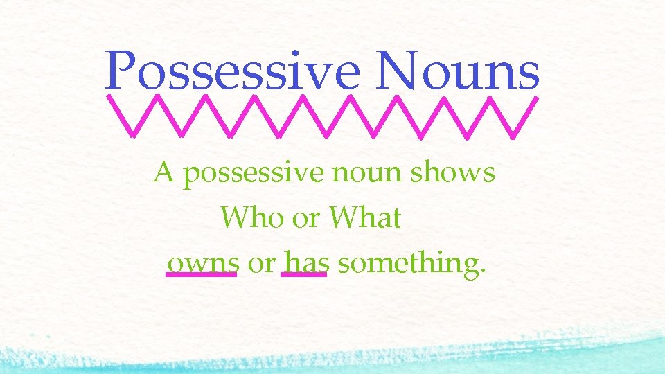 Possessive Nouns A possessive noun shows Who or What owns or has something. 