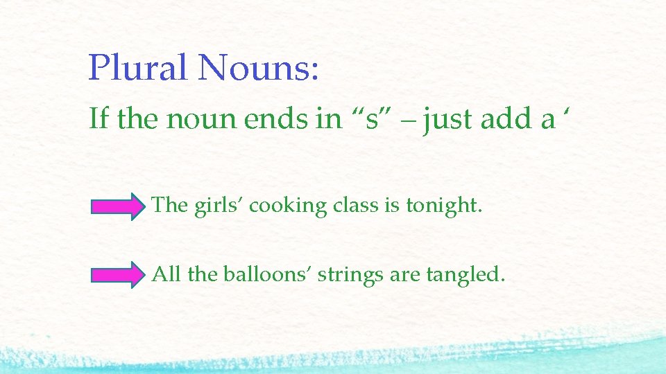 Plural Nouns: If the noun ends in “s” – just add a ‘ The