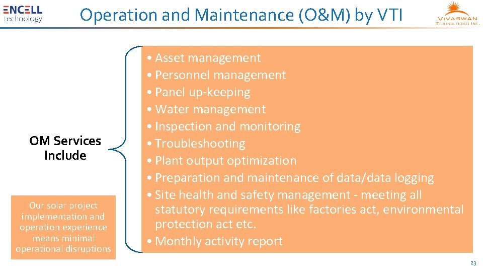 Operation and Maintenance (O&M) by VTI OM Services Include Our solar project implementation and