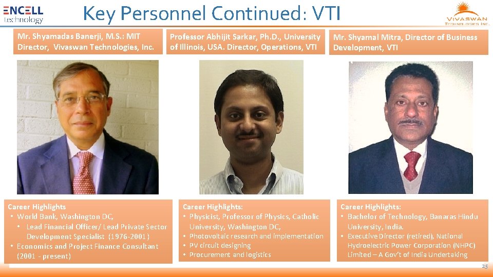 Key Personnel Continued: VTI Mr. Shyamadas Banerji, M. S. : MIT Director, Vivaswan Technologies,