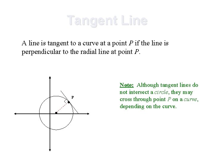 Tangent Line A line is tangent to a curve at a point P if