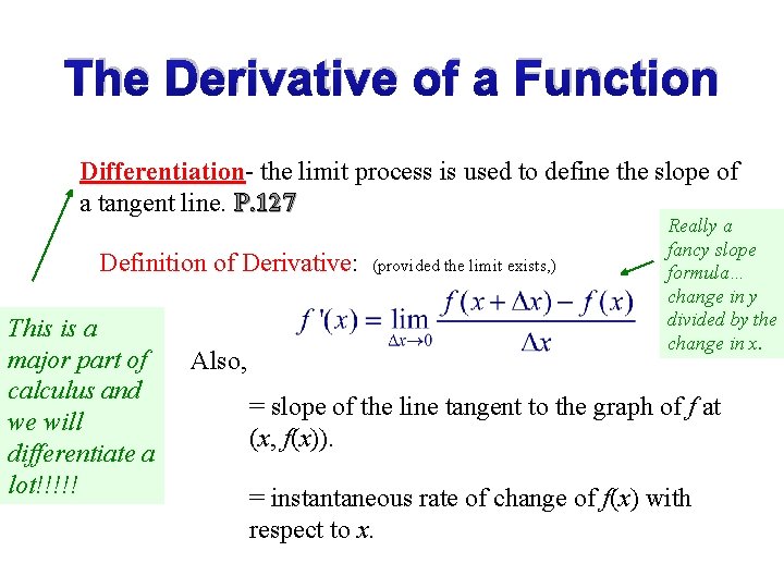 The Derivative of a Function Differentiation- the limit process is used to define the