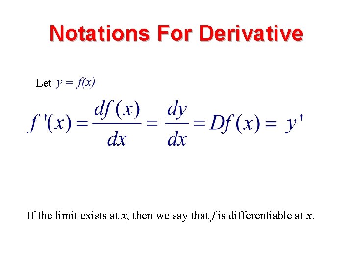 Notations For Derivative Let If the limit exists at x, then we say that