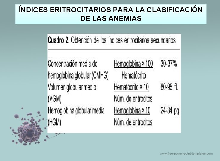 ÍNDICES ERITROCITARIOS PARA LA CLASIFICACIÓN DE LAS ANEMIAS 