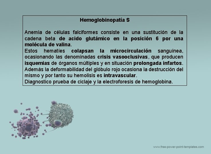 Hemoglobinopatía S Anemia de células falciformes consiste en una sustitución de la cadena beta